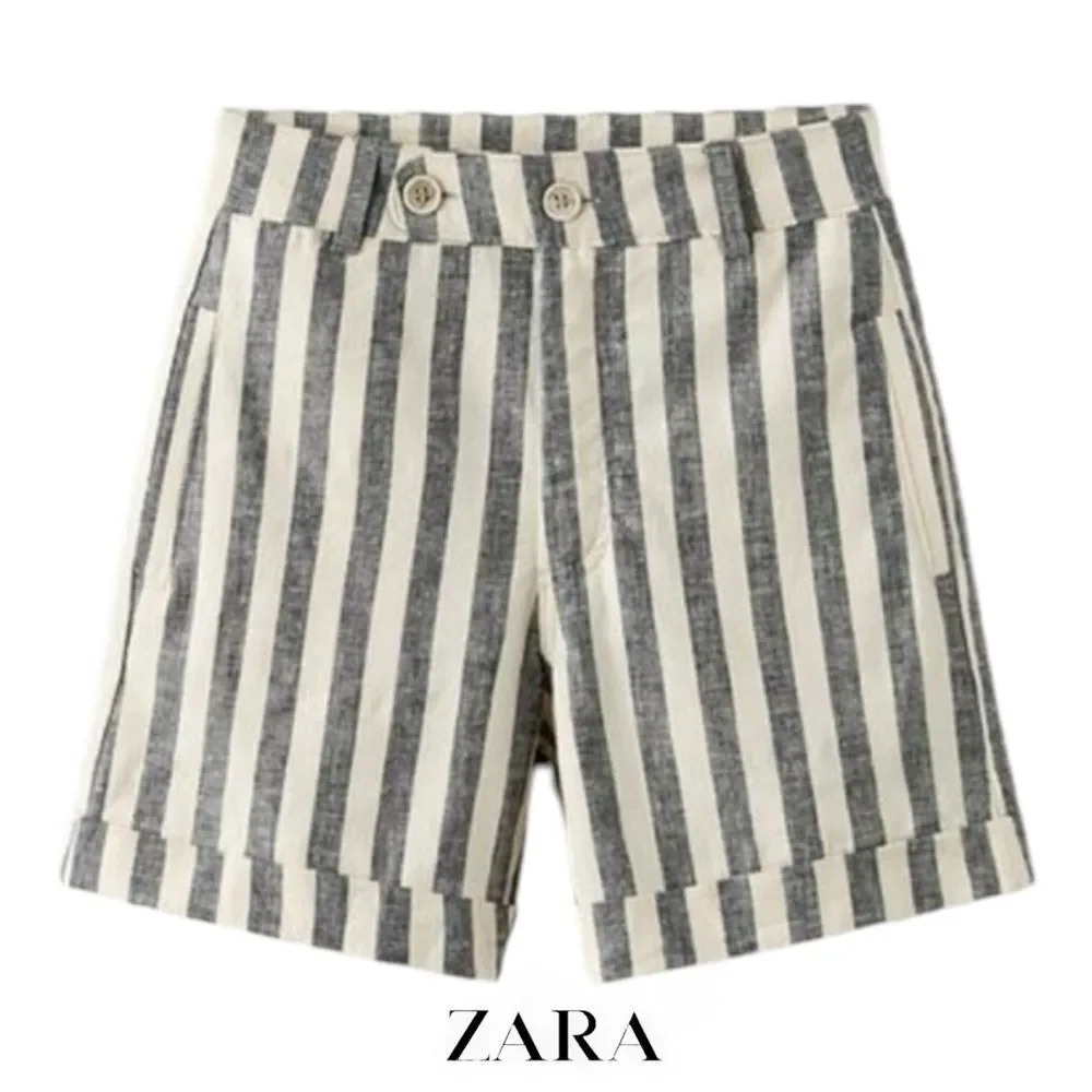 ZARA Kids | Black/White | LINEN BLEND STRIPED BERMUDA SHORTS WITH BUTTONS